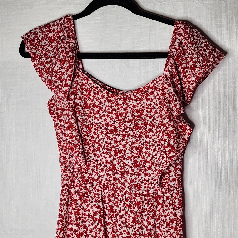 Monteau Red Floral Ruffle Dress Size Small